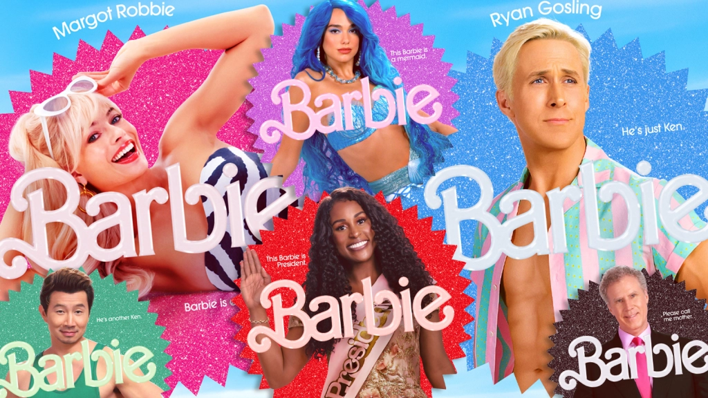 Promotional posters for the live-action Barbie movie, featuring cast members like Margot Robbie, Ryan Gosling, America Ferrera, and Nicola Coughlan. The poster has a sky-blue background and a sparkly starburst, showcasing the cast members emerging from it with the Barbie logo in front.