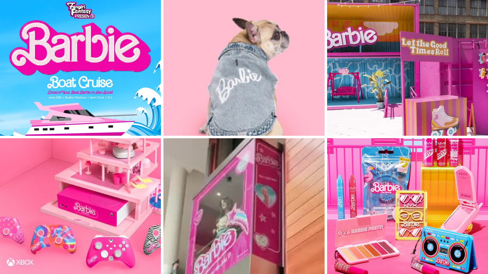Examples of Barbie merchandising like toys, clothing, and accessories.