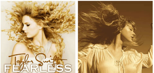 Taylor Swift's original release of the album cover for "Fearless" compared to her new album cover for the re-recording of the same album