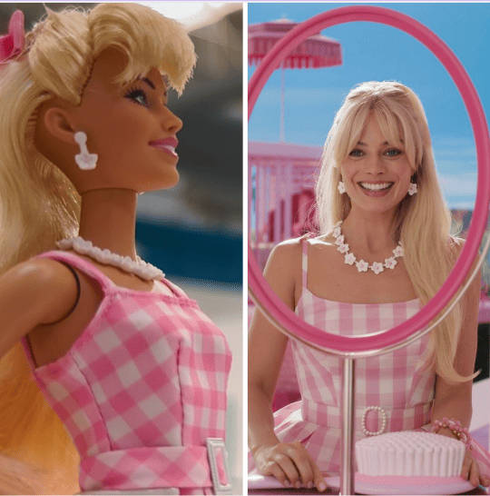 Barbie doll compared to Margot Robbie as Barbie