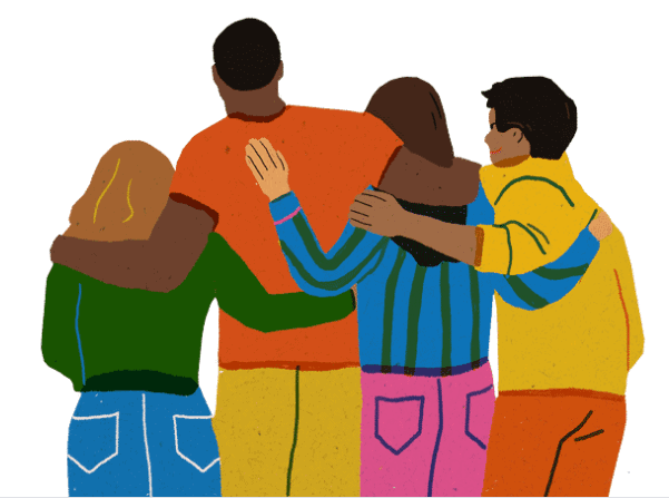 Diverse group of cartoon people with their arms around each other