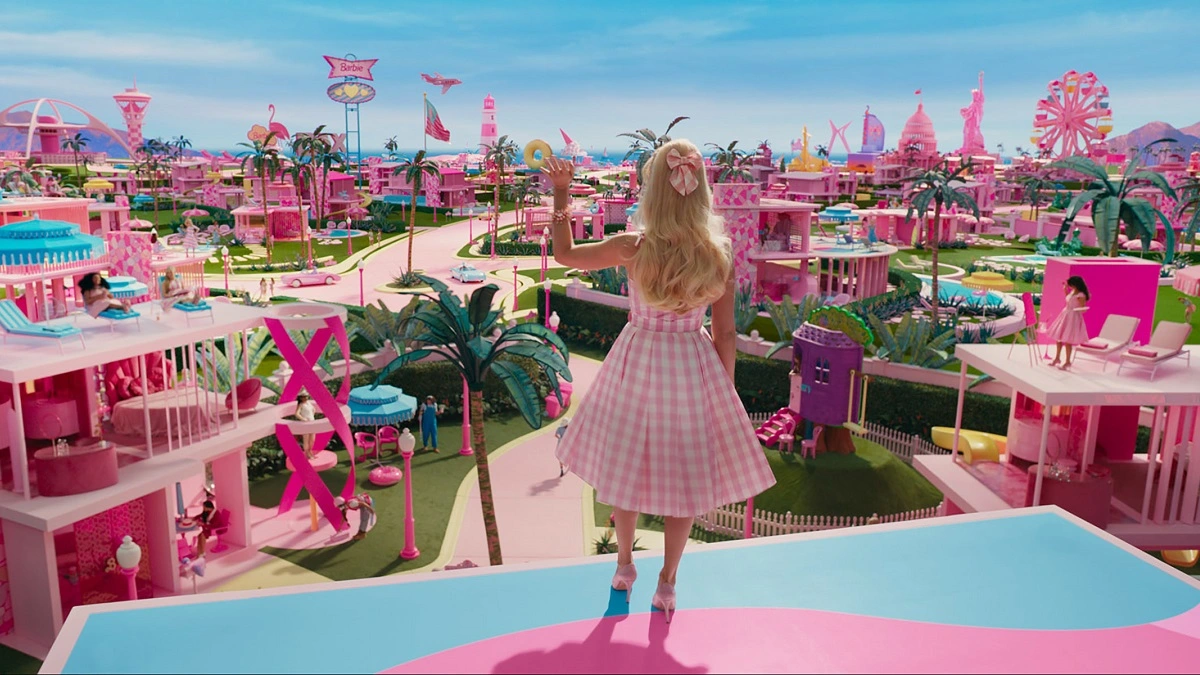 Barbie waving over town