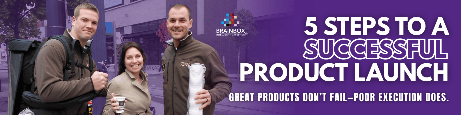 Purple themed graphic with two men and a lady smiling holding up coffee with text that says "5 Steps to a Successful Product Launch" and Great products don’t fail—poor execution does.