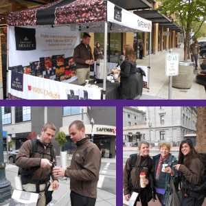 A grid of photos: a tent for coffee and a man is pouring coffee to a woman, one man pouring coffee to another, and three girls smiling with their coffee