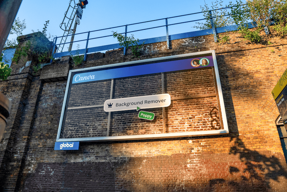 Creative Canva outdoor billboard campaign on a brick wall showcasing the Background Remover feature with a transparent-style design effect in an urban environment.