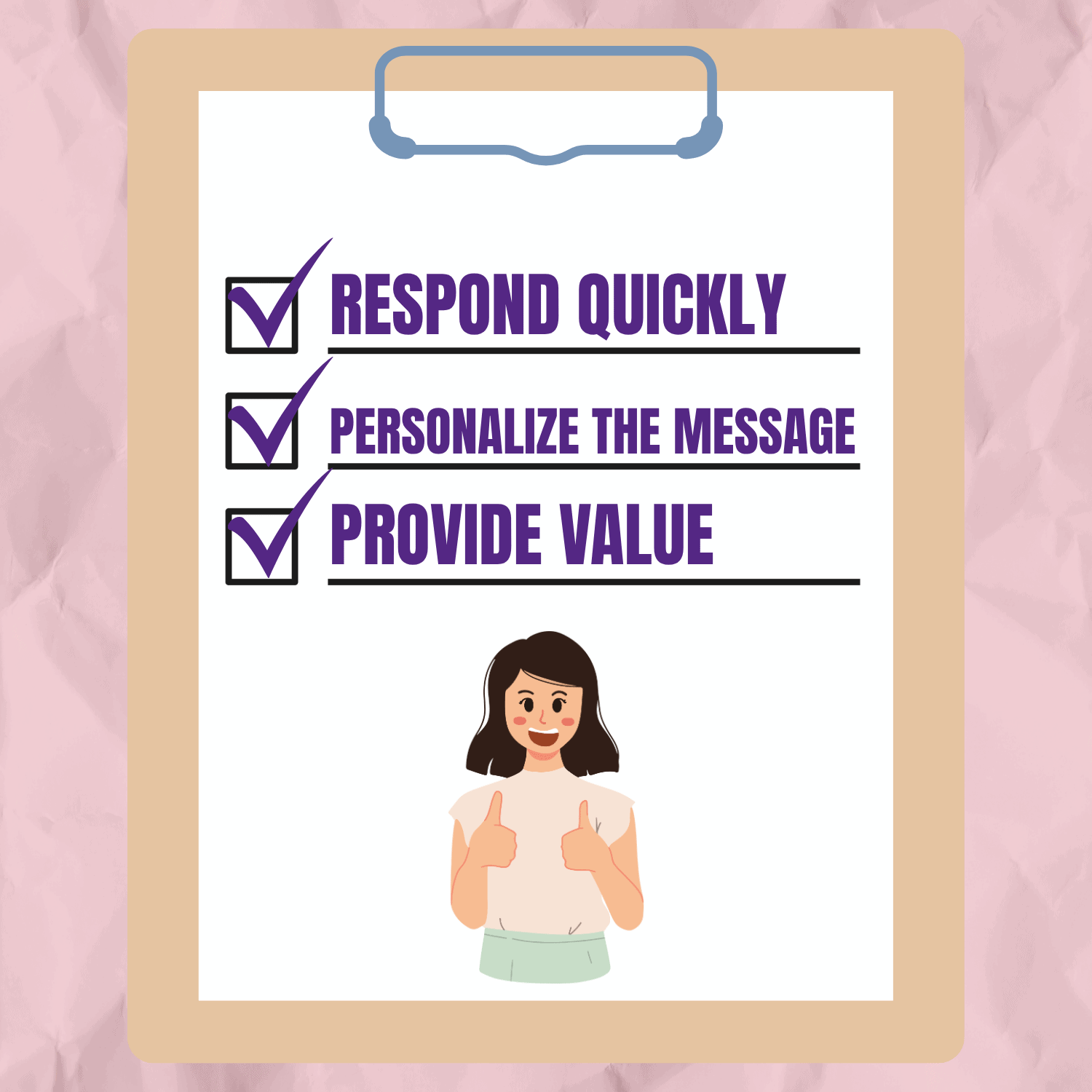 Checklist Checklist infographic showing three lead nurturing best practices—respond quickly, personalize the message, and provide value—alongside an illustration of a satisfied customer giving two thumbs up.