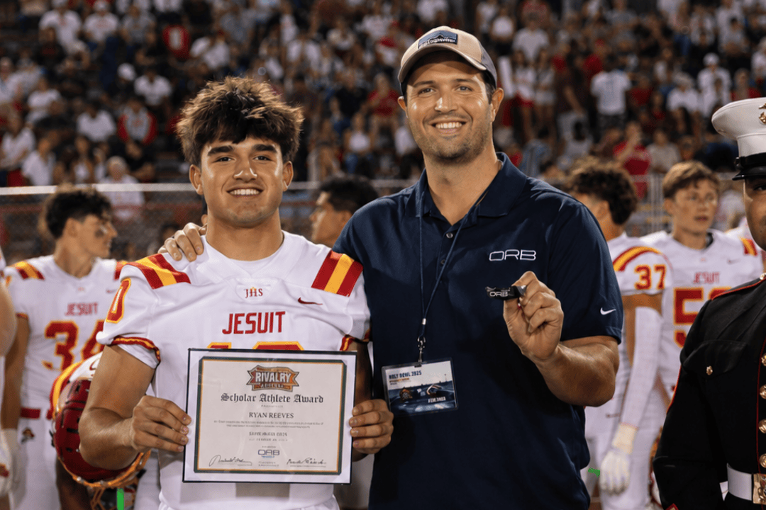Jesuit (CA) Scholar Athlete 2025 Football Player with plaque next to Orb Sport Representative